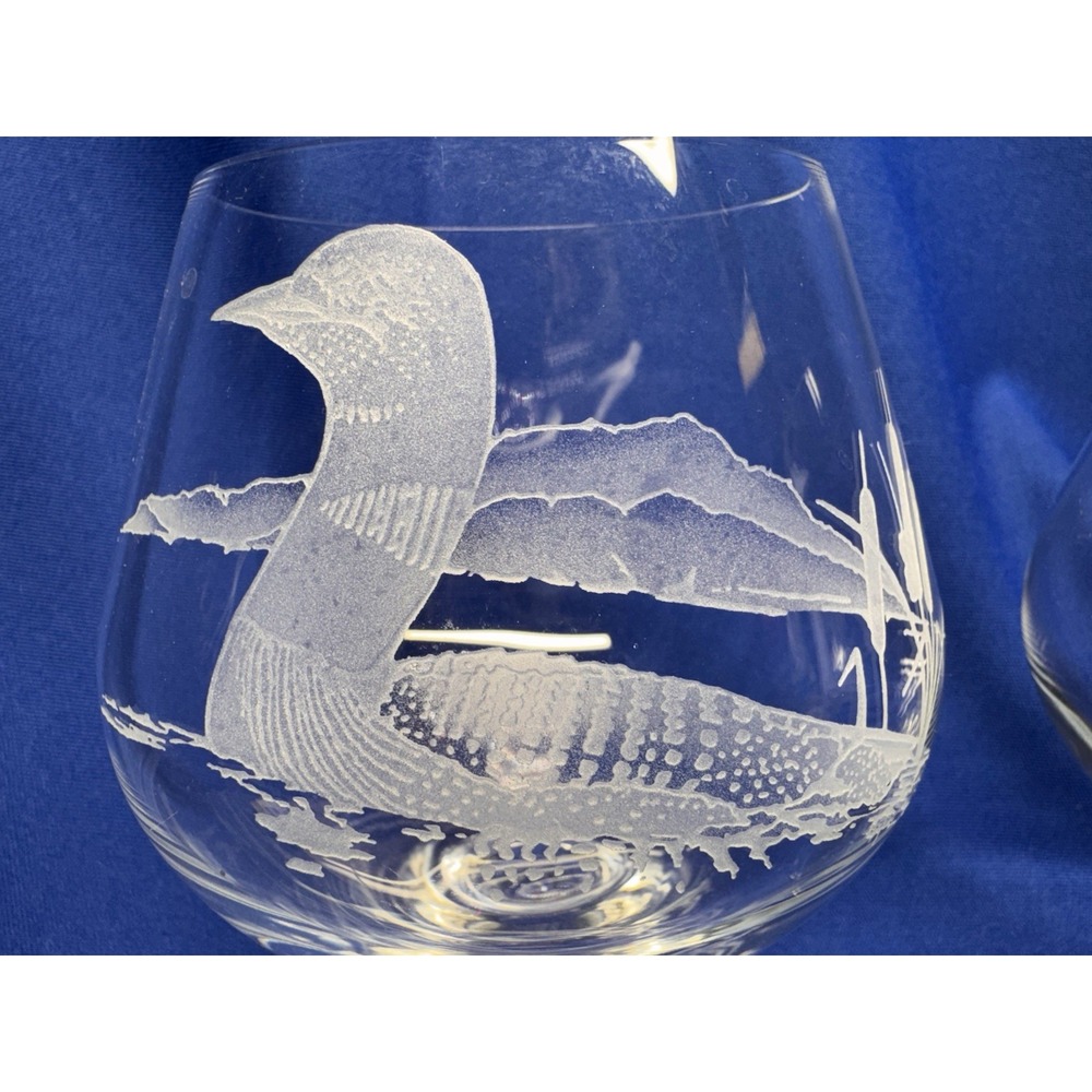 Pair COYLE Signed Crystal Brandy Snifters Loon Wildlife Etched Glasses 6.5" VTG - Picture 2 of 7